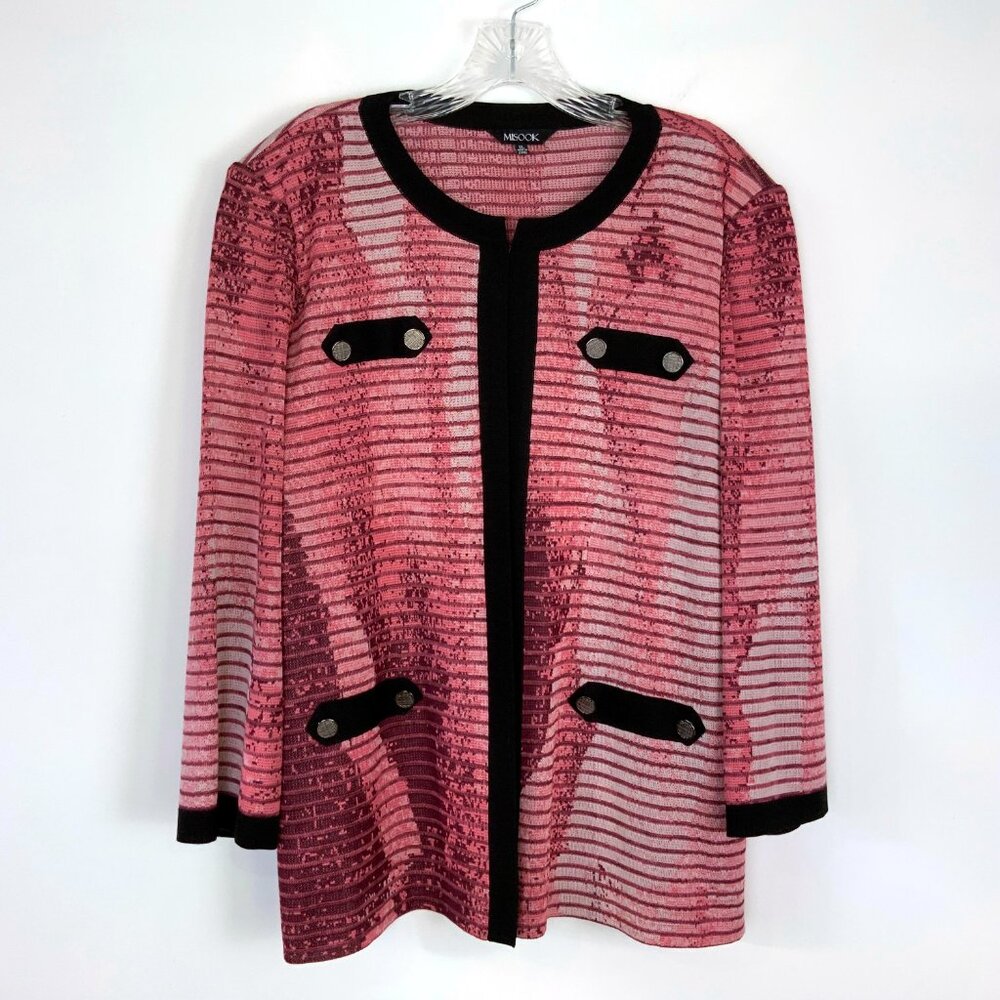 Misook Open Front Hook Closure Mauve & Black Trim Knit Jacket Sz XL